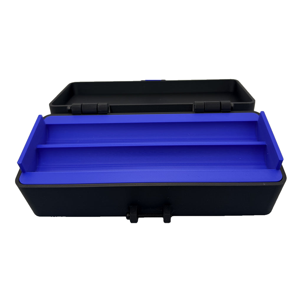 3CPrints 2-pen injection case with blue pen tray, black hard shell with printed hinge and latch