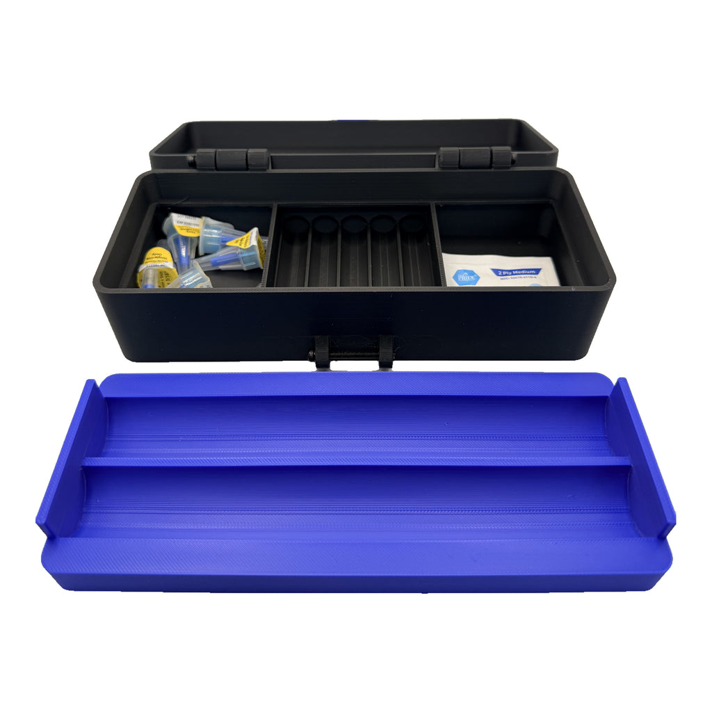 3CPrints 2-pen injection case open with cartridges, needles and alcohol wipes in the lower compartment