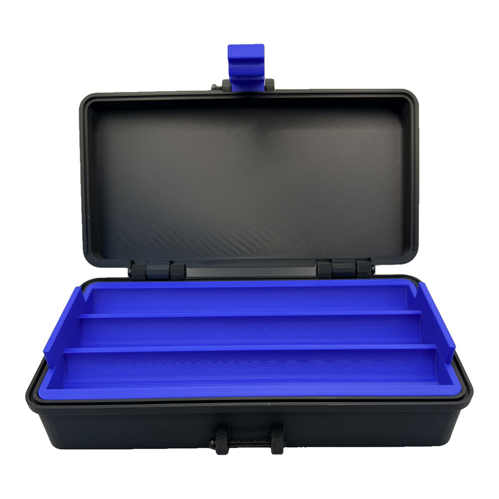 3CPrints 3-pen injection case open with removable blue pen tray in place