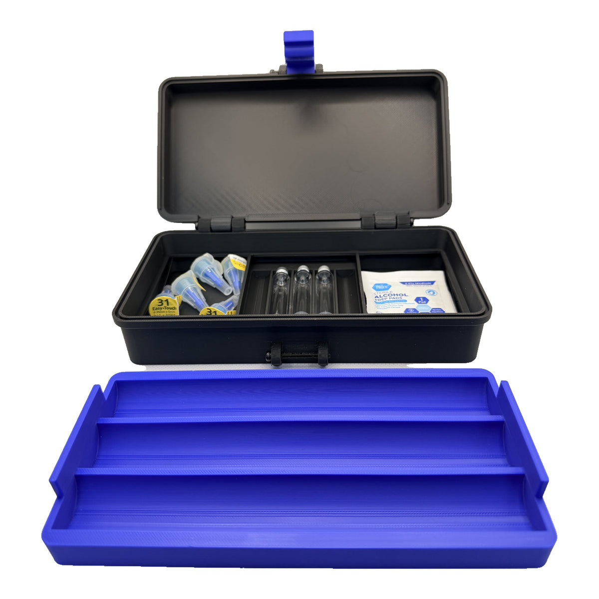 3CPrints 3-pen injection case loaded with 3 mL cartridges, pen needles and alcohol wipes, black case with blue tray