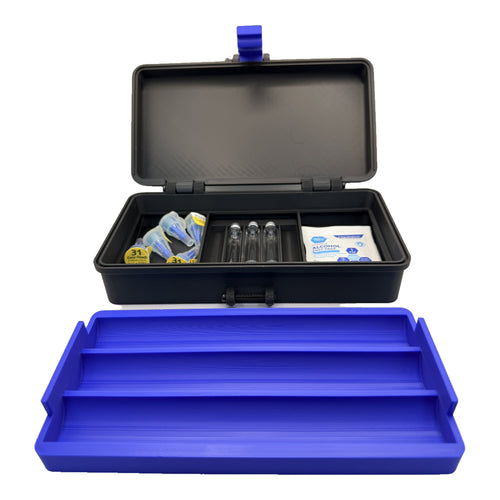 3CPrints 3-pen injection case loaded with 3 mL cartridges, pen needles and alcohol wipes, black case with blue tray