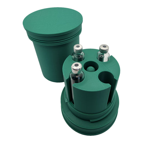 3CPrints injectable pen vial case loaded with four 3 mL vials around the centre plunger primer, green